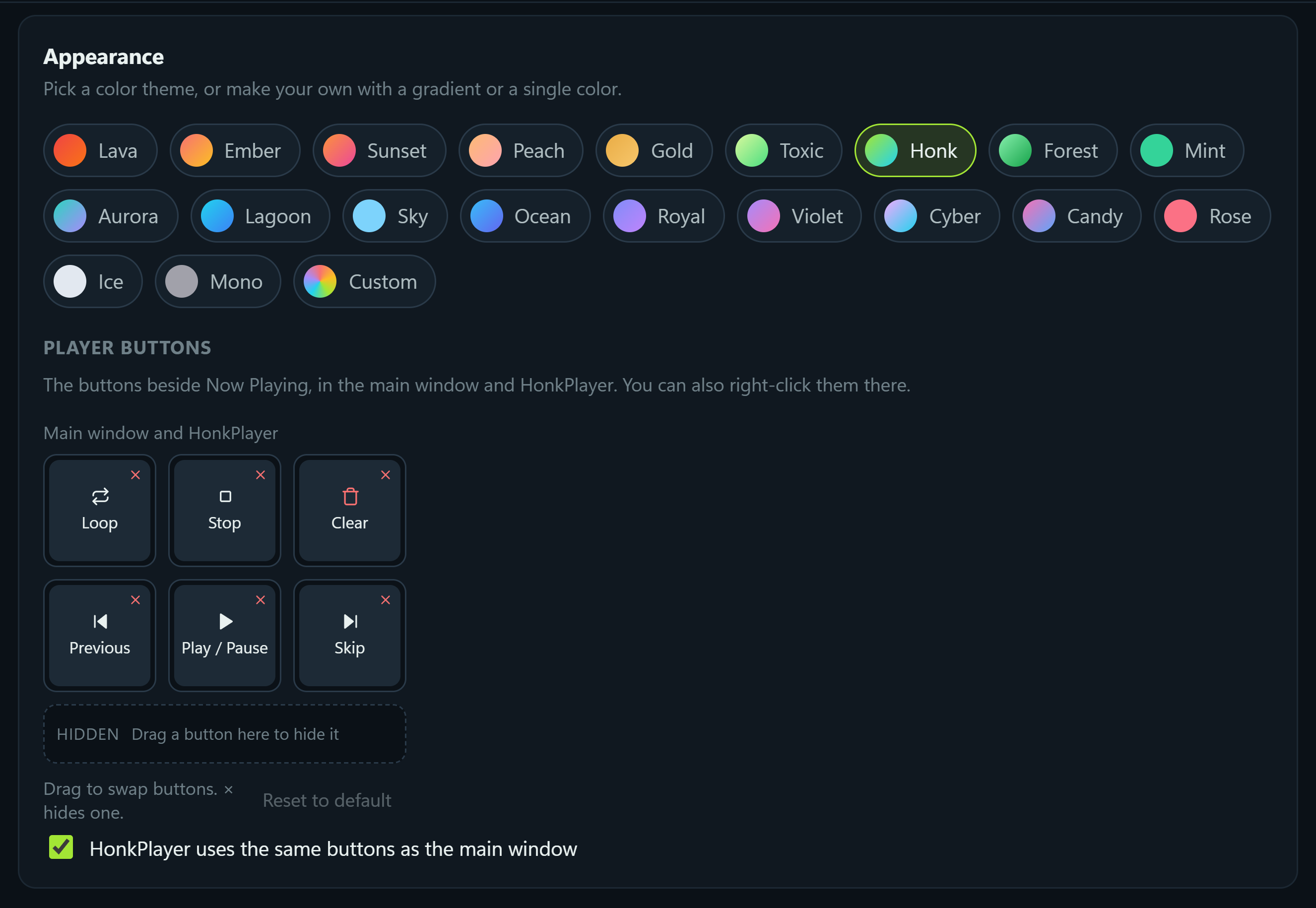 Settings, Appearance: twenty color themes plus Custom, and the player buttons in a three by two grid you can drag to rearrange