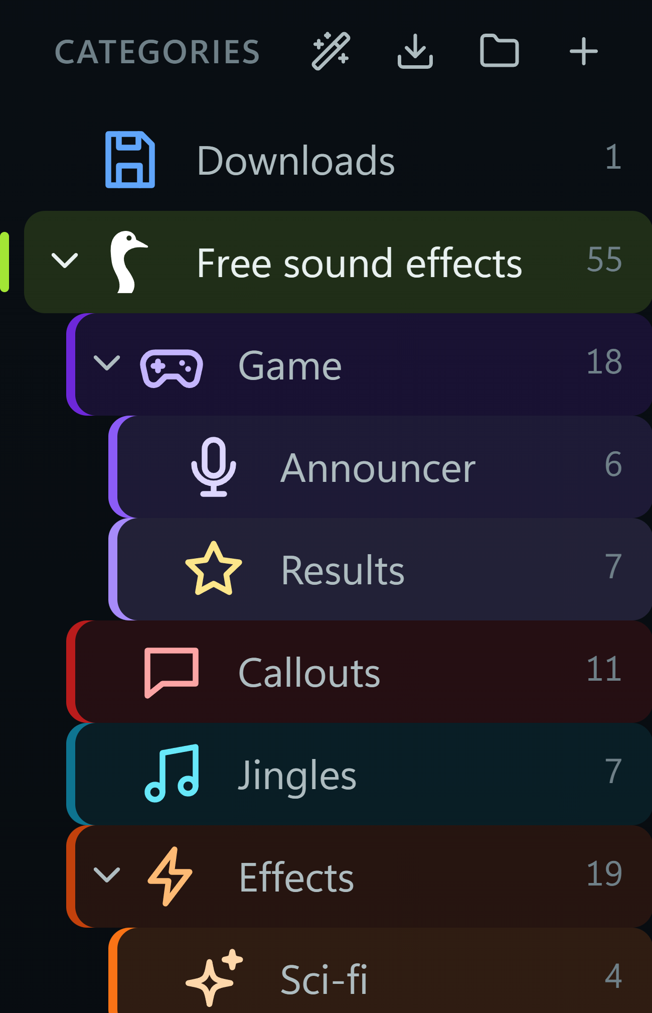 The category tree: Free sound effects holding Game (with Announcer and Results inside), Callouts, Jingles and Effects (with Sci-fi inside), each in its own color