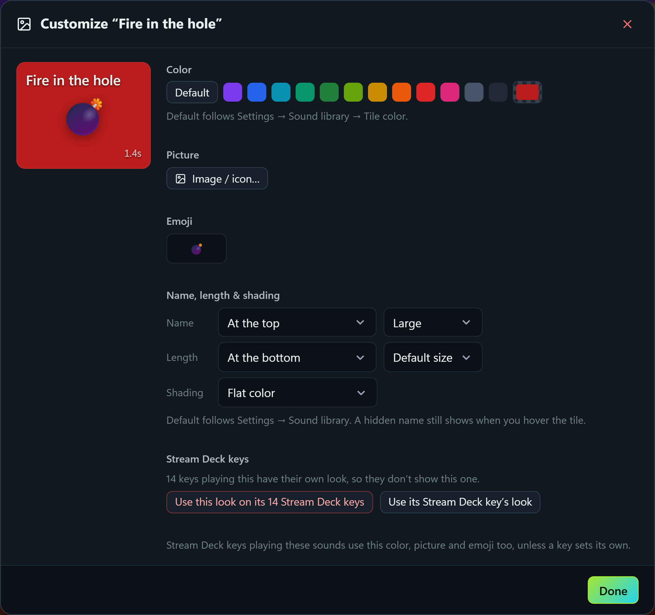 Customize a sound: color, picture, emoji, where its name and length sit and how big, flat or shaded, and buttons to share the look with its Stream Deck keys
