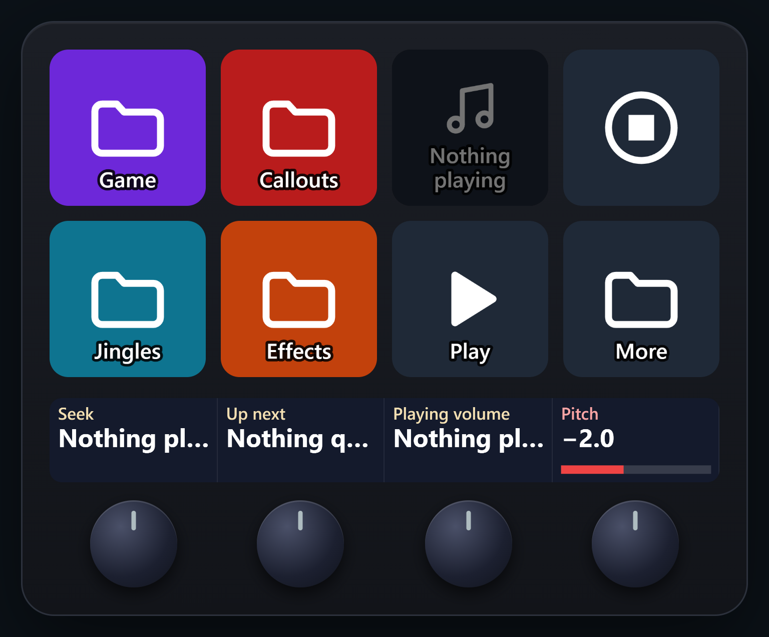 The example layout on a Stream Deck +: eight keys and four dials