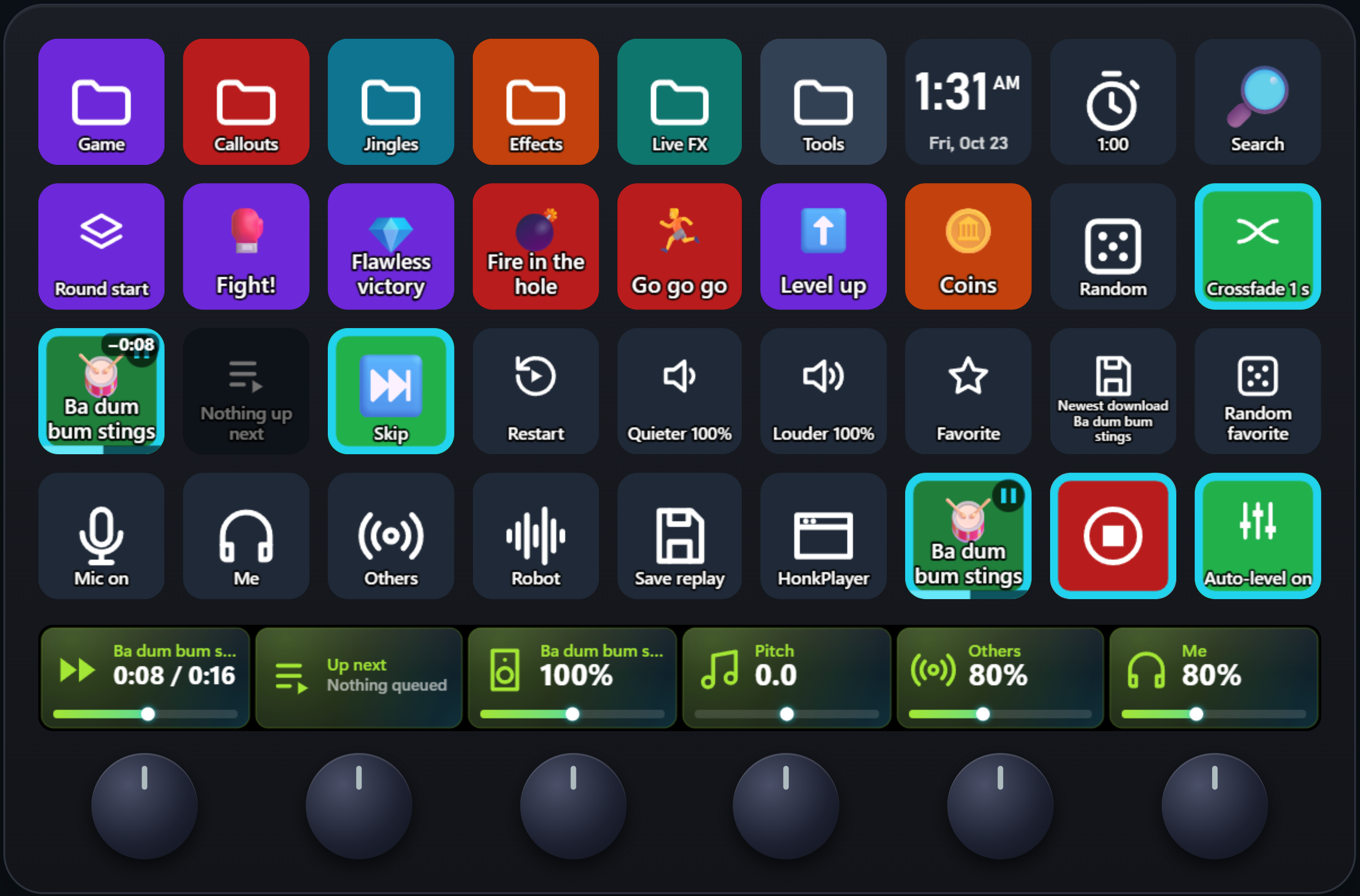 The example layout on a Stream Deck + XL while a sound plays: 36 keys with its time left and what's up next, and six dials for volume, Live FX pitch, the waveform and seek