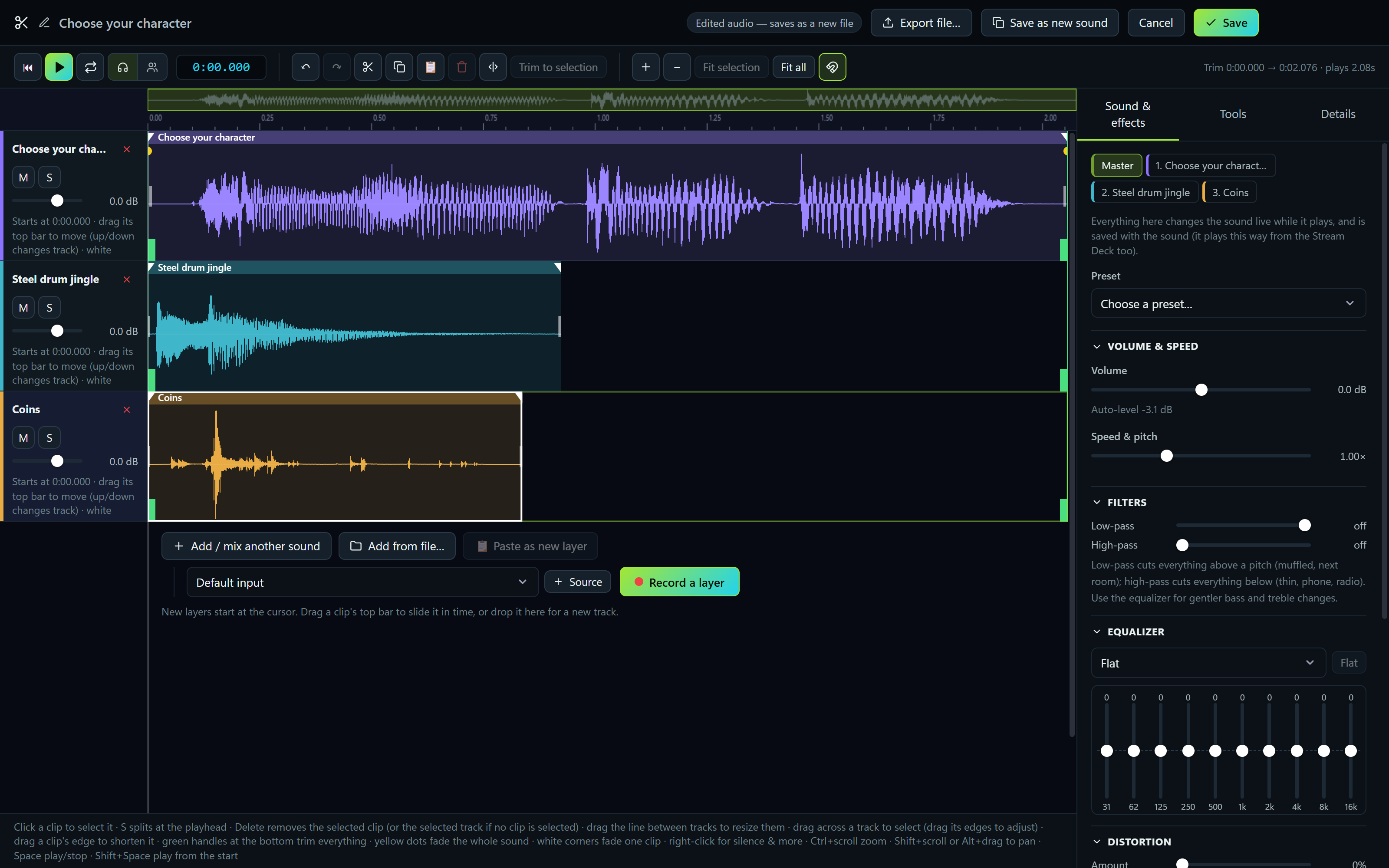 HonkBoard's editor with three layered tracks and the sound and effects panel