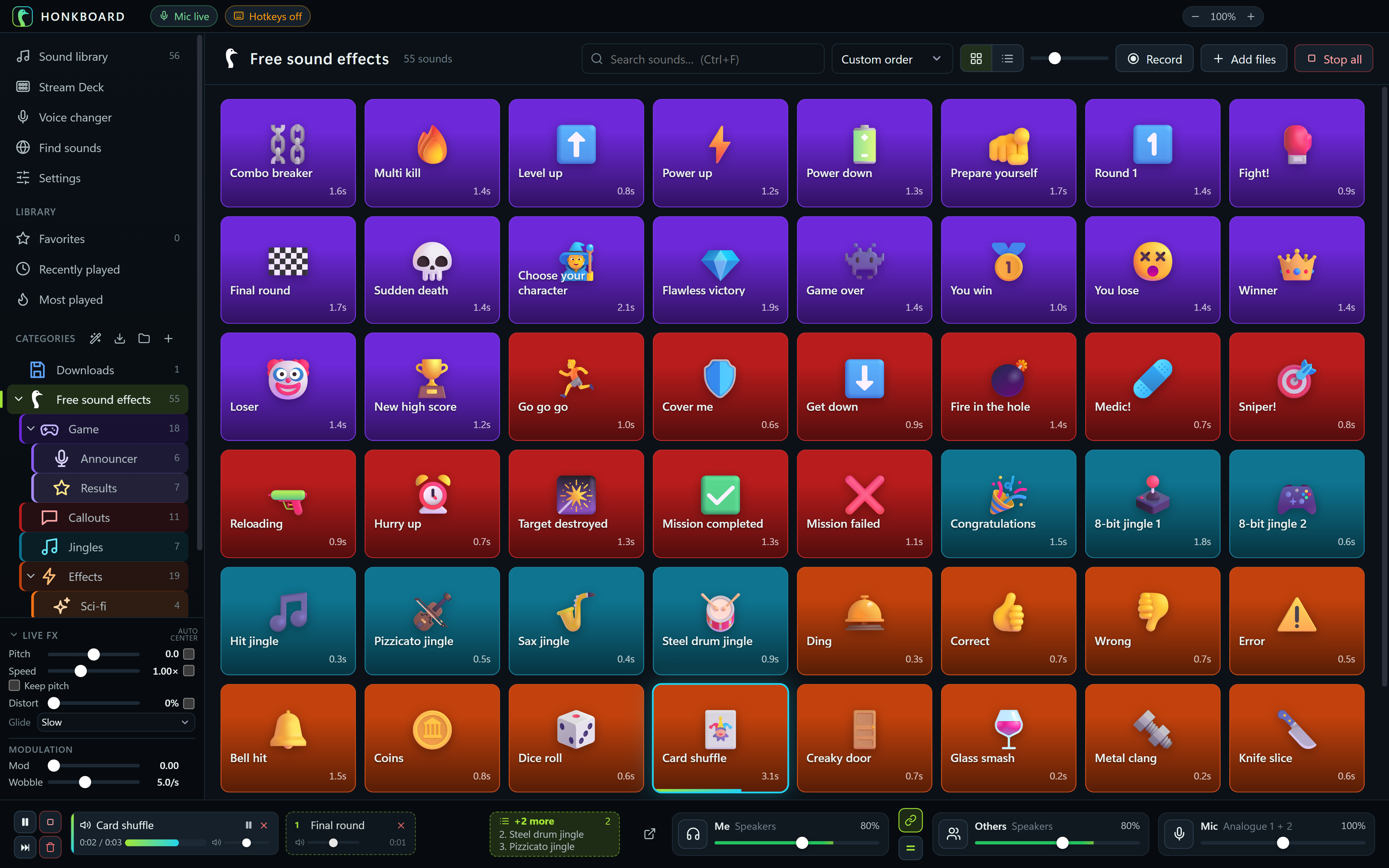 The sound library: the free sound effects as colorful tiles with emoji, grouped in Game, Callouts, Jingles and Effects sub-categories