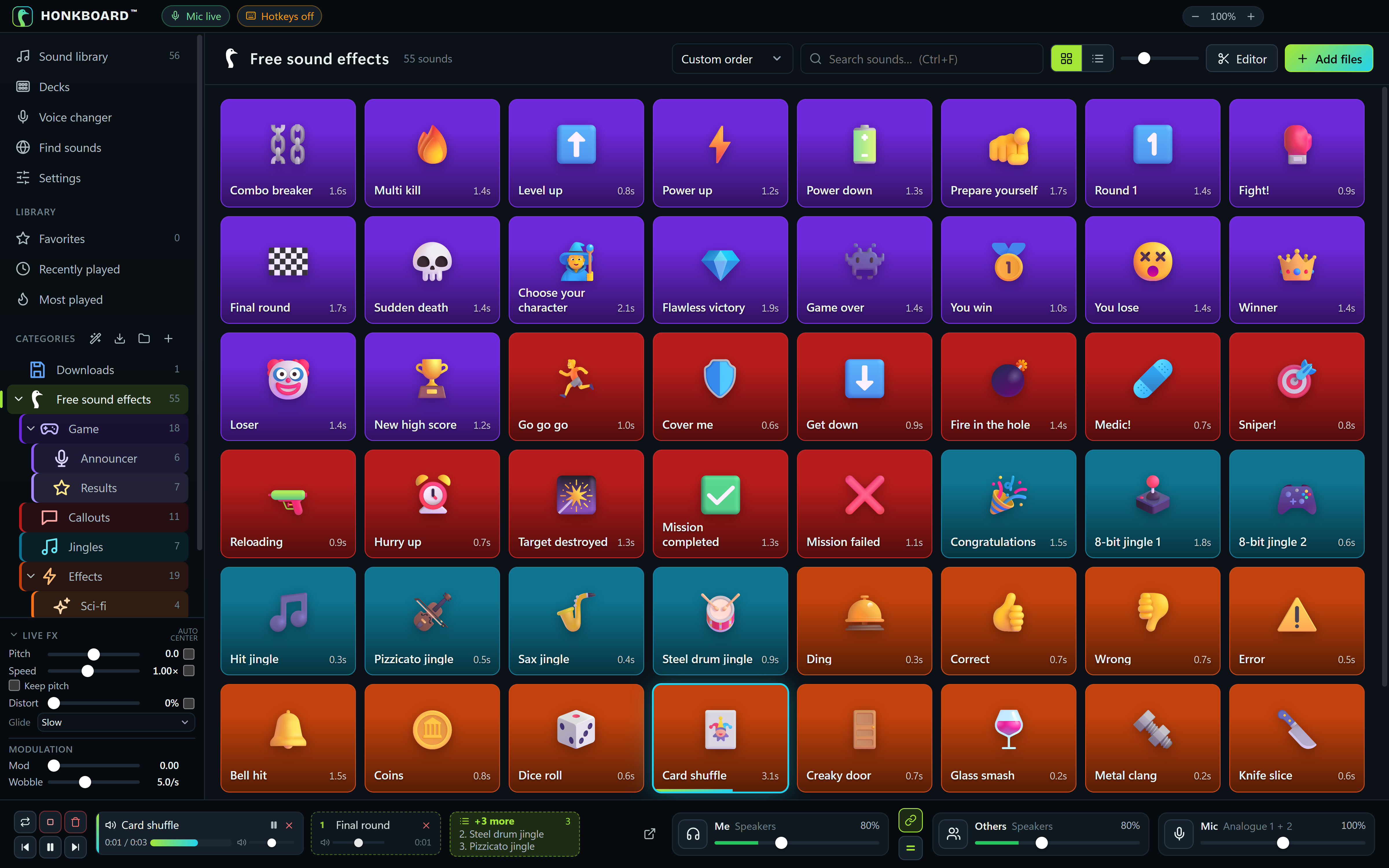 The sound library: the free sound effects as colorful tiles with emoji, grouped in Game, Callouts, Jingles and Effects sub-categories