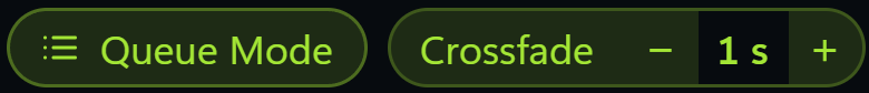 The play mode button set to Queue Mode, with crossfade at 1 second