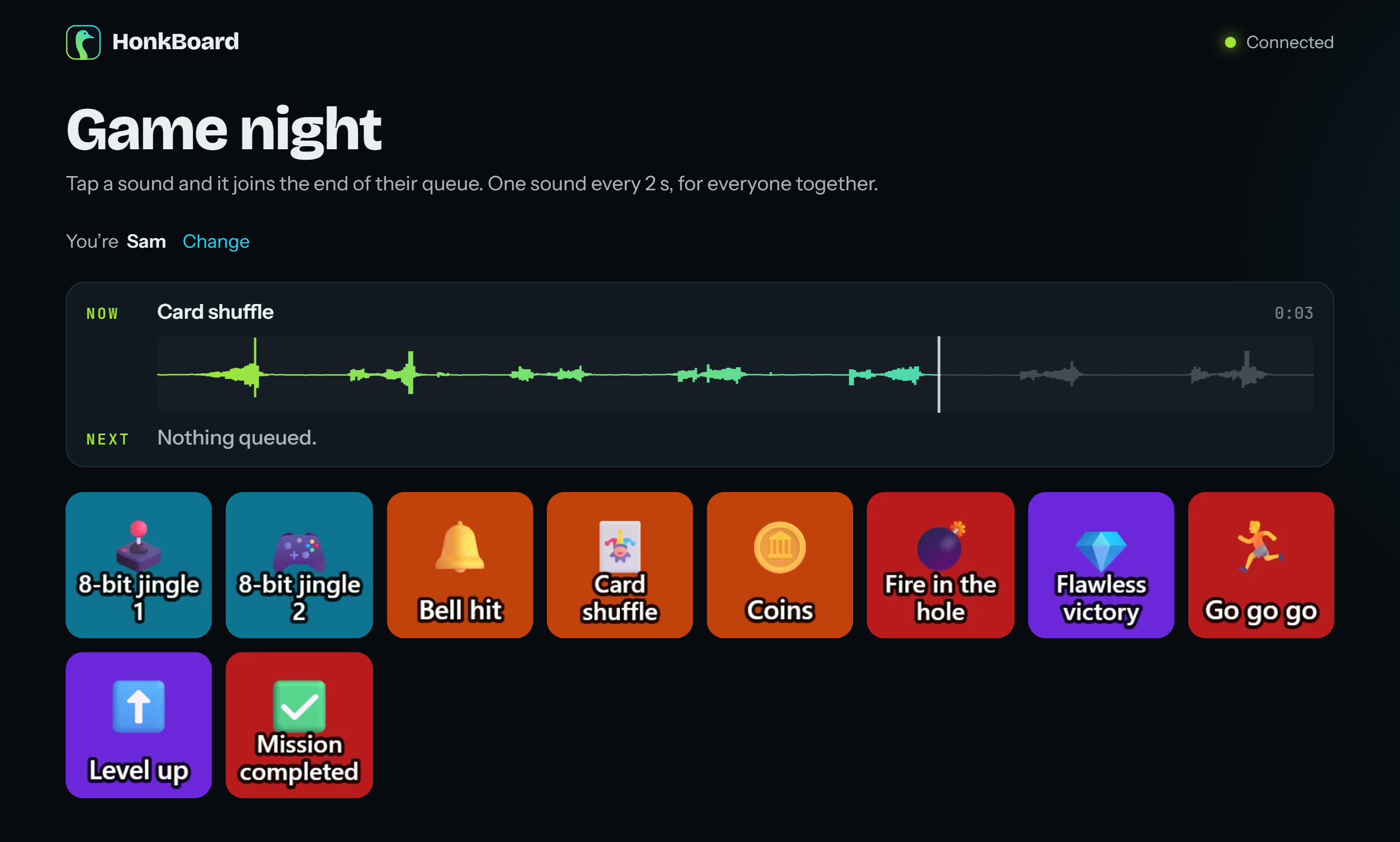 A share link called Game night in a browser: Card shuffle playing with its waveform, and ten free sounds as Stream Deck keys