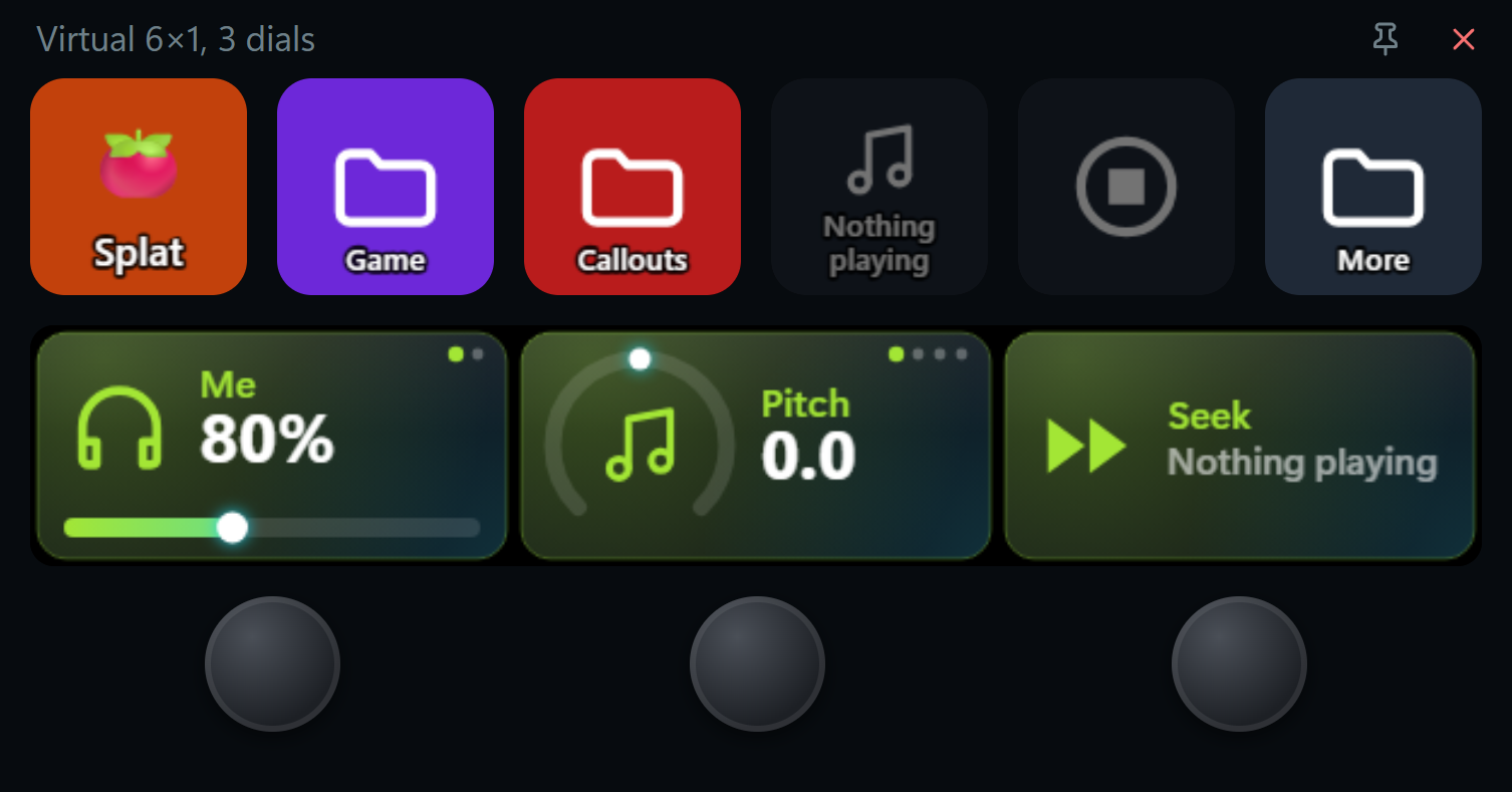 A virtual deck of one row of six keys with three dials: volume, Live FX pitch and seek