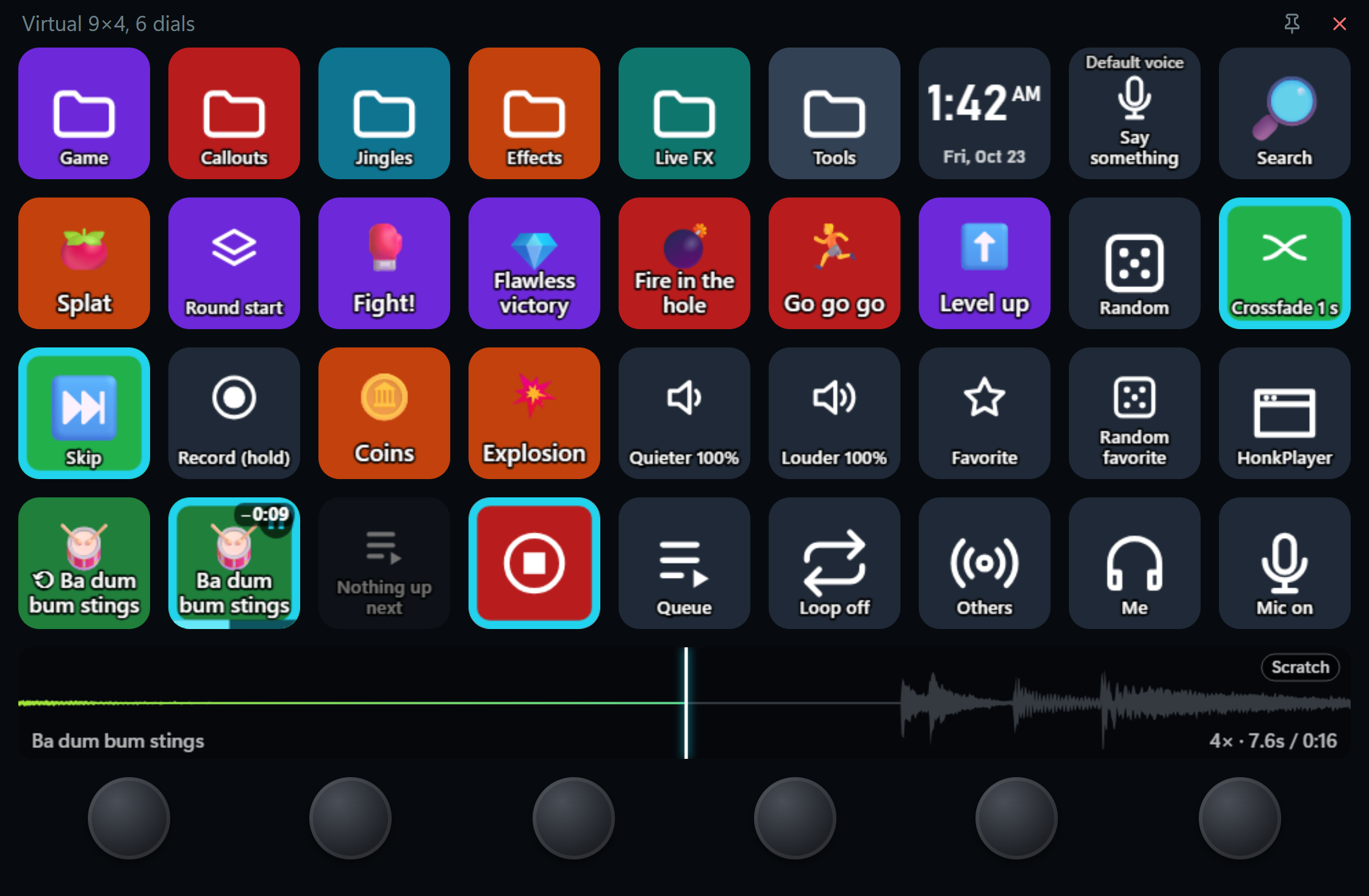 A virtual deck of 9 by 4 keys and six dials, playing a sound with its waveform on the touch strip