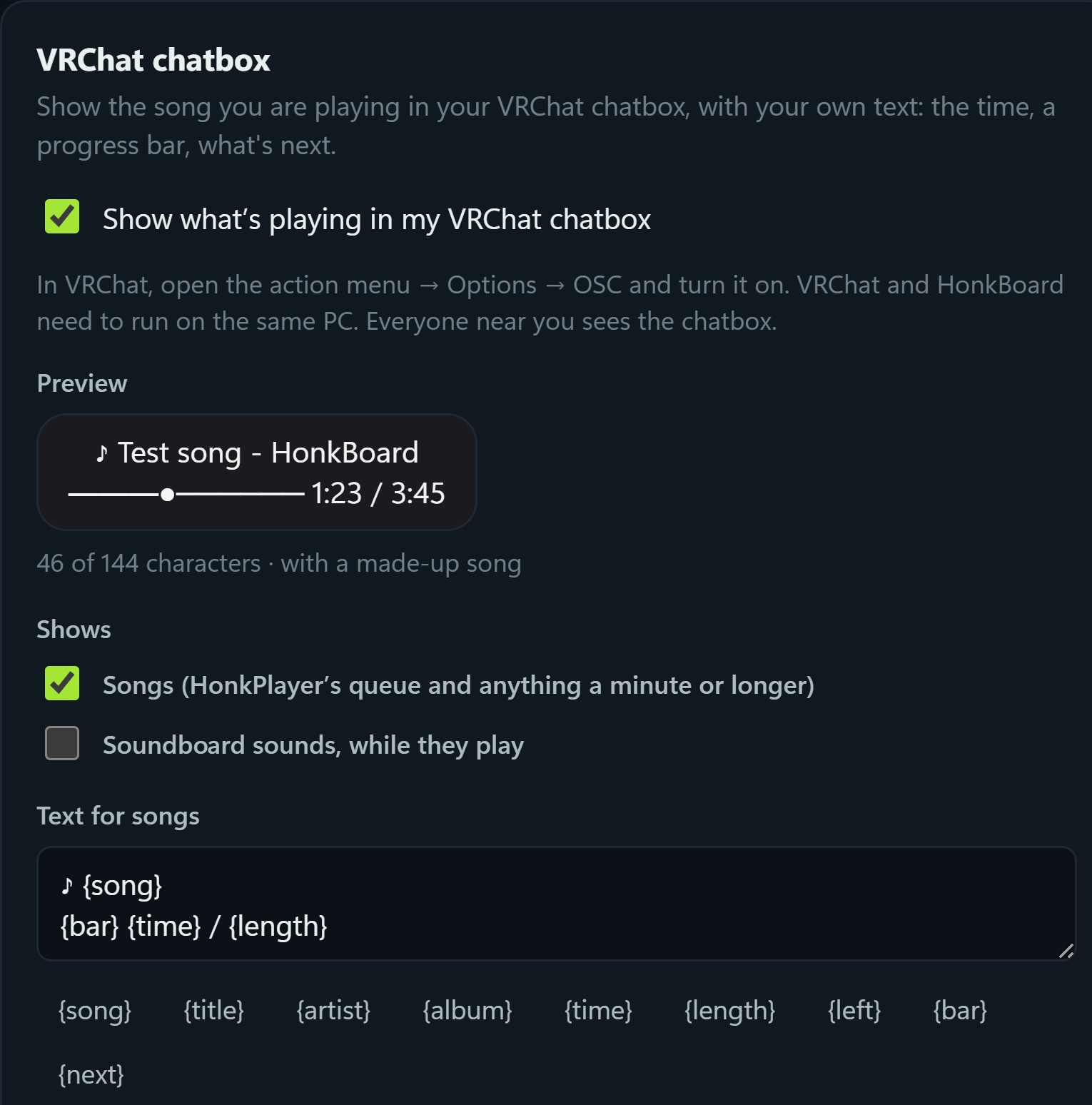 The VRChat chatbox settings: a preview of the song's title over a progress bar and its time, from your own text with {song}, {bar} and {time}